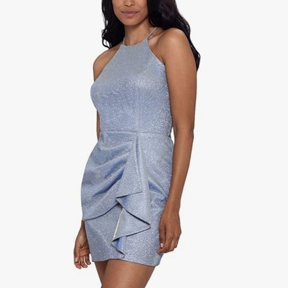 Blondie Nights Juniors' Metallic-Knit Draped Mini‎ Halter Lace Up Dress Sz 13